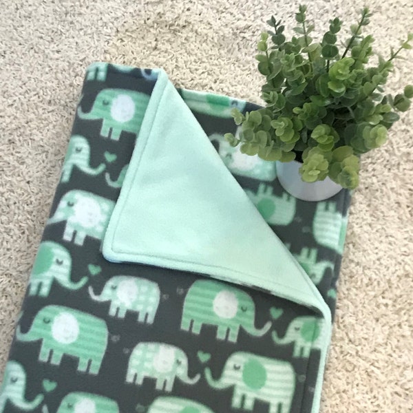 Elephant Baby Blanket Fleece Mint Green and Gray Crib Jungle Safari Animals Toddler Gift