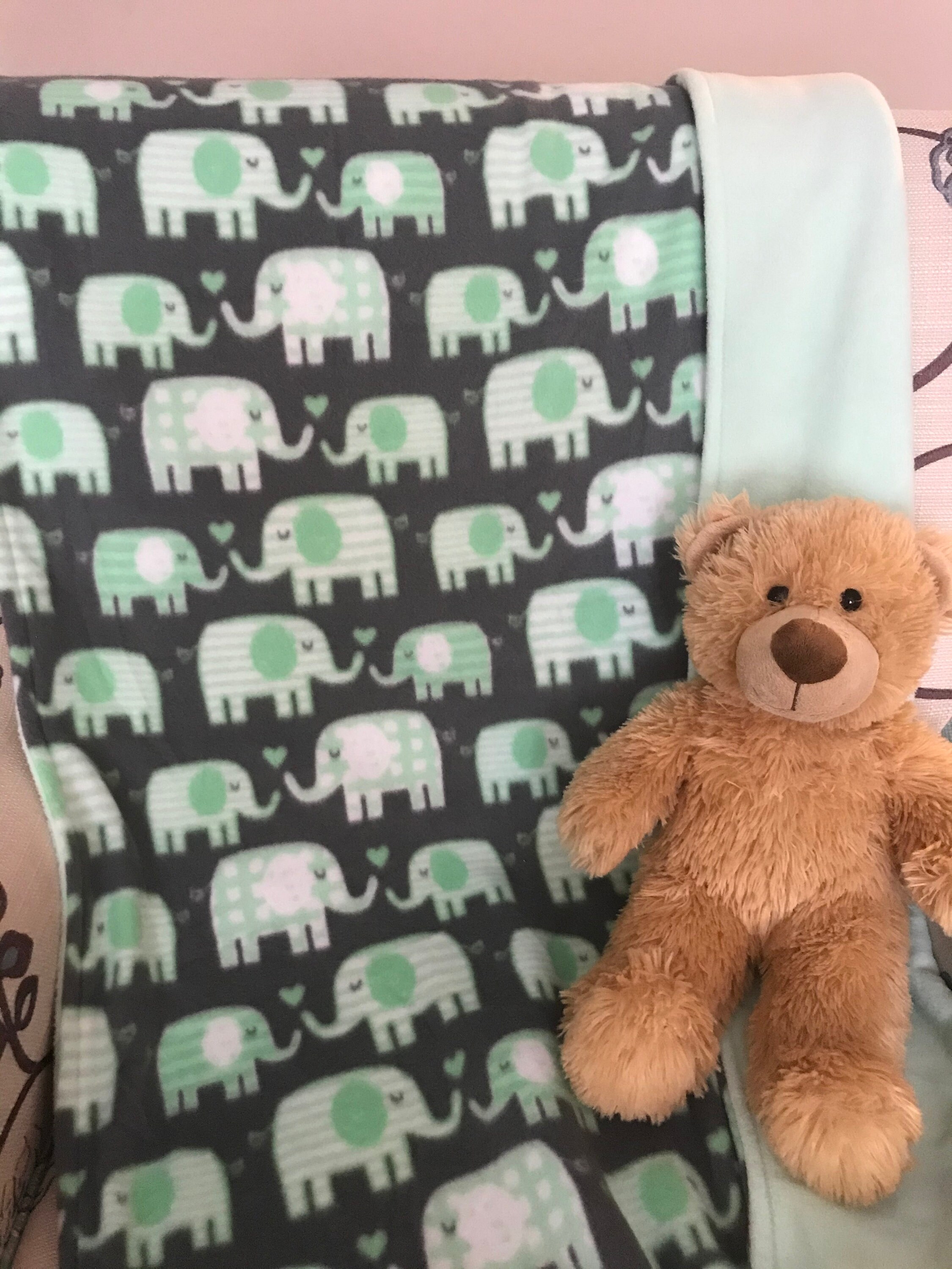 Baby Elephant Fleece Blanket Mint Green and Gray Crib Jungle Etsy