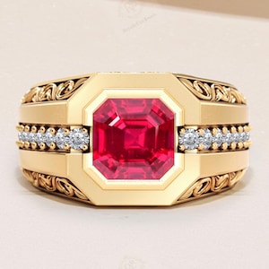 Art Deco Filigree Design Ruby Ring For Men Asscher Cut Red Ruby Engagement Ring 925 Silver Red Gemstone Wedding Ring Vintage Statement Ring