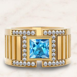 Princess Cut Sky Blue Topaz Ring For Men 925 Silver Blue Topaz Men Wedding Ring Art Deco Modern Men Statement Ring Anniversary Gift For Him
