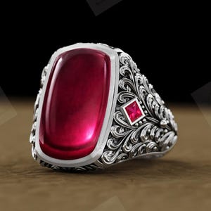 Art Deco Red Ruby Signet Ring For Men Elongated Cushion Cut Ruby Men's Wedding Ring Vintage Style Bold Signet Ring 925 Silver Handmade Ring
