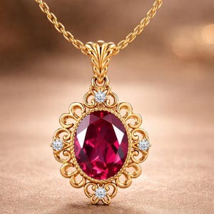 May include: A gold pendant necklace featuring an oval, deep red gemstone. The gemstone is surrounded by a decorative gold frame with small, clear accent stones. The necklace chain is also gold.