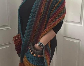 Boho hooded and beaded pocket shawl