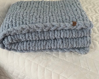Hand Knit Chenille Throw: Large Comfort Blanket