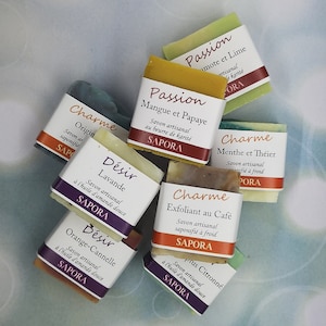 May include: An assortment of handmade soap bars with various scents and colours. The soaps are labelled with the brand name "SAPORA" and the names of the scents, including "Passion Mango et Papaye", "Passion Amote et Lime", "Charme Origin", "Désir Lavande", "Désir Orange-Cannelle", "Charme Menthe et Théier", "Charme Exfoliant au Café", and "Plus Citronné".