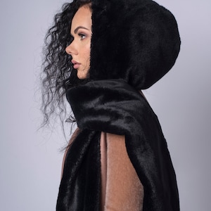 Faux fur black hooded scarf, Faux fur scarf, Black hood with scarf, Black scoodie, Fur hooded scarves, Gift for women, Winter cowl hood