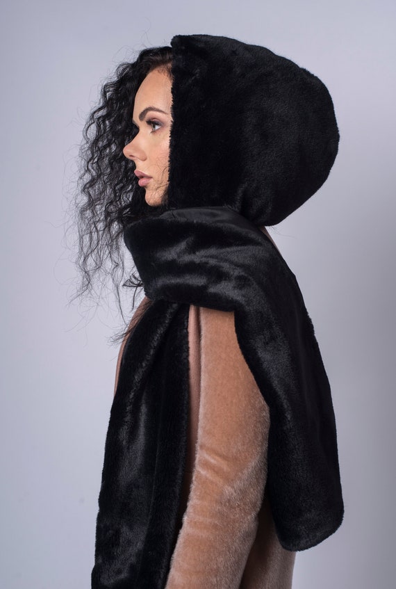 芸能人 愛用の通販 Scarf, Fur Faux Scarf, Hooded Black Fur Faux Black With Hood 小物