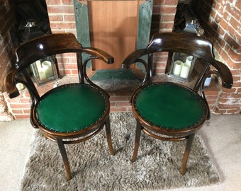 Pair of Vintage Bentwood Carver Chairs with Leather Seats - Mundus and J &J Kohn Armchairs with Leather Seats