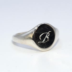 Hand Engraved Signet Ring — Sterling Silver — Script Bright Cut Initials — Bright Polish