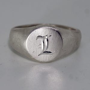 Engraved Silver Signet Ring — Hand Engraved Initials — Sterling Silver Round Signet Ring — Flare Cut — Matte Satin Finish