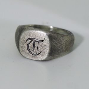 Vintage Engraved Signet Ring — Hand Engraved Initials — Sterling Silver Signet Ring — Flare Cut — Vintage Oxidized Patina