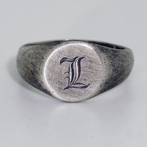 Vintage Engraved Signet Ring — Hand Engraved Initials — Sterling Silver Round Signet Ring - Flare Cut - Oxidized Patina