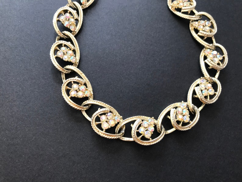 Vintage Coro Style Light Gold Tone and AB Crystal Oval Swirl Necklace image 3