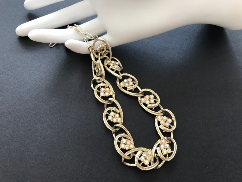 Vintage Coro Style Light Gold Tone and AB Crystal Oval Swirl Necklace image 6
