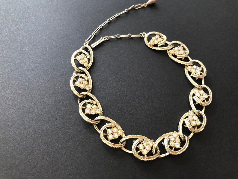 Vintage Coro Style Light Gold Tone and AB Crystal Oval Swirl Necklace image 2