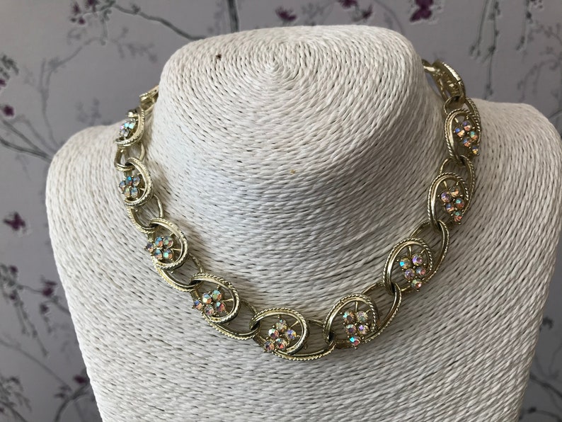 Vintage Coro Style Light Gold Tone and AB Crystal Oval Swirl Necklace image 7