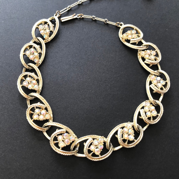 Vintage Coro Style Light Gold Tone and AB Crystal Oval Swirl Necklace
