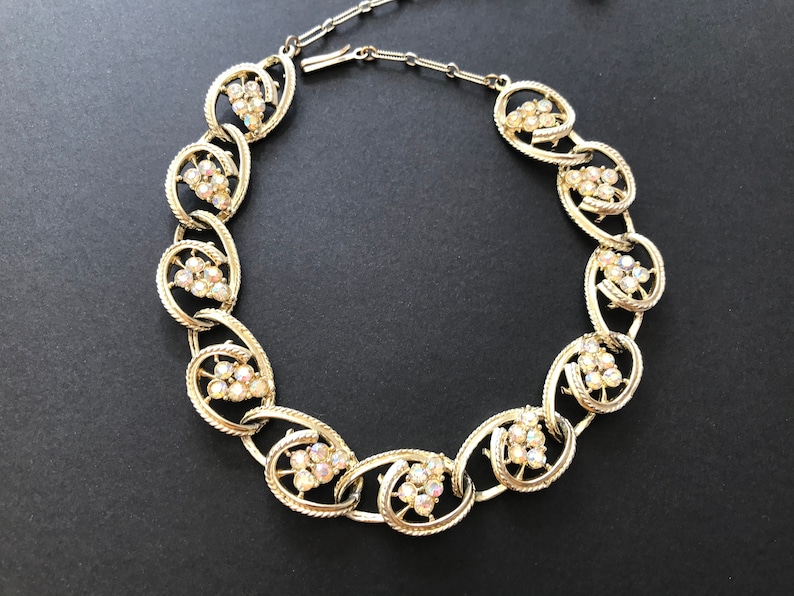 Vintage Coro Style Light Gold Tone and AB Crystal Oval Swirl Necklace image 1