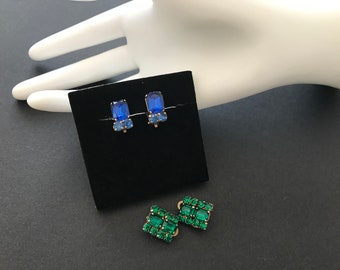 Two Pairs of Vintage Mid Century Blue and Green Rhinestone Clip on Earrings