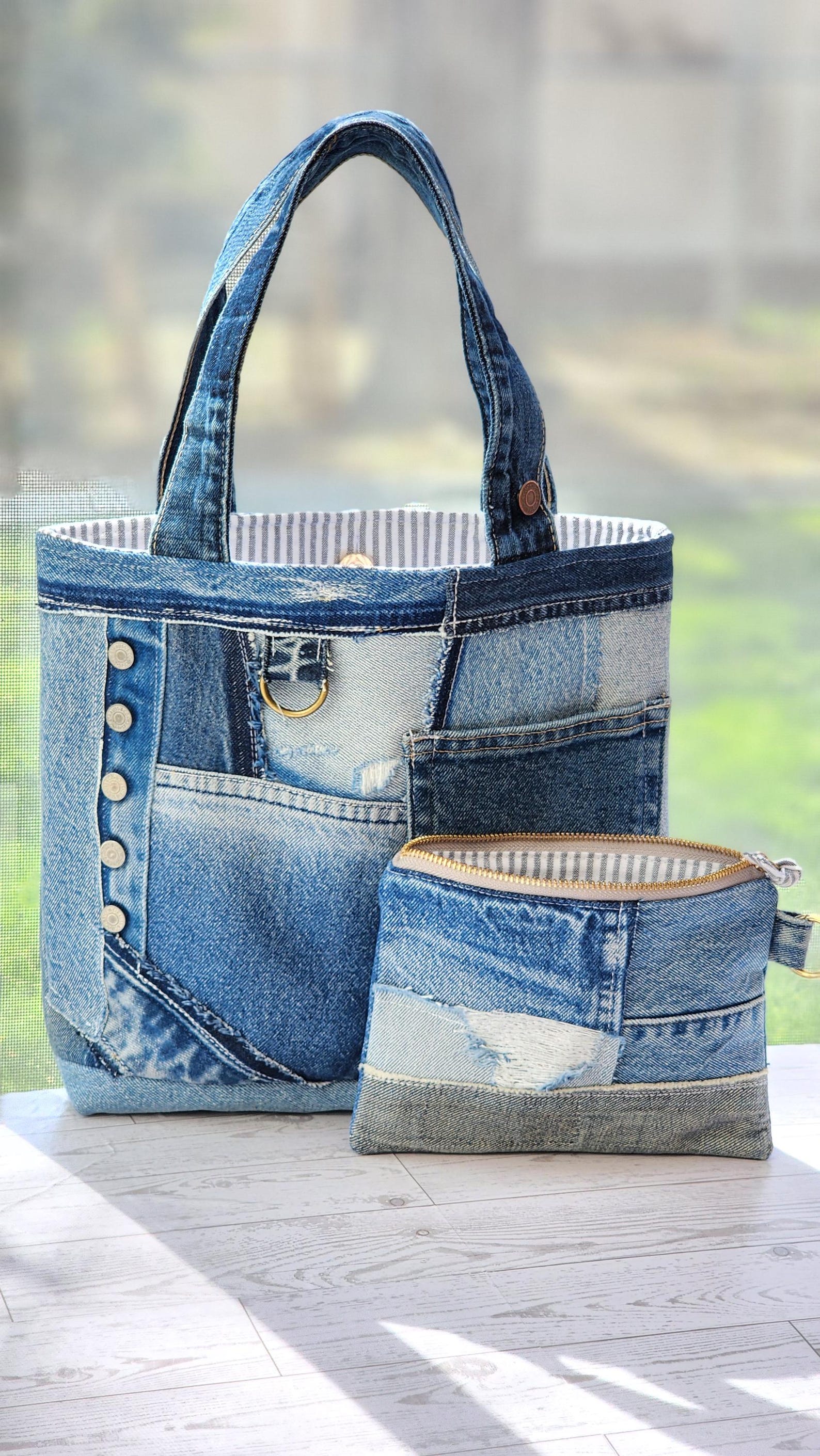 Patch Work Accessory Upcycled Denim Patchwork Tote Bag and Accessory Pouch Set. - Etsy