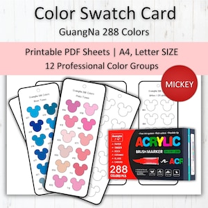May include: Color swatch card with "GuangNa 288 Colors" and "Printable PDF Sheets". The card features colour swatches in various shades of blue and pink, with a Mickey Mouse head design. A box of acrylic brush markers is also visible.