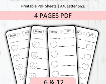 May include: Printable color swatch chart with 4 pages, 6 and 12 color options. Each page has a section for brand and set names, with heart-shaped spaces for color swatches.