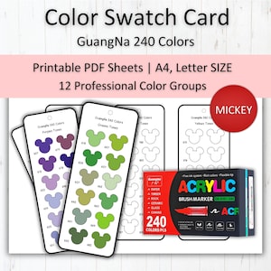 Puede incluir: Tarjeta de muestra de color con "GuangNa 240 Colors" y "Printable PDF Sheets". La imagen muestra muestras de color en tonos morados, verdes y amarillos, con una caja de rotuladores acrílicos. Las muestras tienen forma de cabeza de Mickey Mouse.