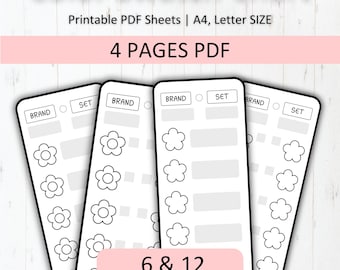 May include: Four printable PDF pages for creating color swatch charts. Each page has space for 6 or 12 color swatches, with sections for brand and set names.