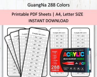 May include: A colour swatch card with the text "Color Swatch Card GuangNa 288 Colors" and "Printable PDF Sheets | A4, Letter SIZE INSTANT DOWNLOAD." The image shows colour charts with numbered circles and a box of acrylic brush markers with 288 colours.
