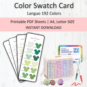 May include: A digital color swatch card set featuring 192 colors with Mickey-shaped icons on printable PDF sheets. Includes a Languo acrylic marker set in a carrying case, two individual markers, and three small circular decorative items.