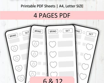May include: Four printable PDF pages for color swatches. Each page has a section for brand and set names, and 12 heart-shaped spaces for color samples. The text "6 & 12 COLORS" is at the bottom of the page.