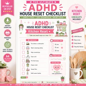 Peut inclure: Une liste de contrôle imprimable pour le rangement de la maison ADHD en rose et blanc, avec une liste de tâches de cuisine et des icônes pour la vaisselle, le nettoyage et les déchets. Inclut des sections pour le temps, la date et des notes.