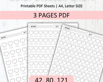 Puede incluir: Tres páginas PDF imprimibles para crear una carta de muestra de color. Cada página tiene un encabezado para "Marca" y "Conjunto" y está llena de 42, 80 o 121 espacios en forma de corazón para muestras de color. El texto "42, 80, 121 COLORES" está en la parte inferior de la imagen.