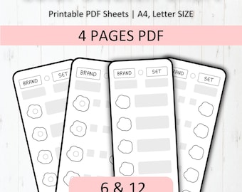 May include: Four printable PDF pages for creating color swatch charts. Each page has space for 6 or 12 color swatches, with labels for "Brand" and "Set".