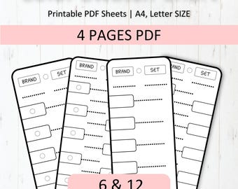 May include: Four printable PDF pages for creating color swatch charts. Each page has space for 6 or 12 color swatches, with sections for brand and set names.