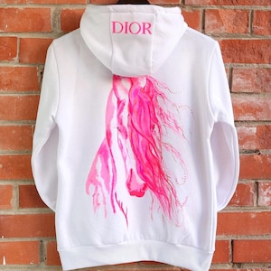 Hand Painted Cotton Hoodie, Hand Painted Custom Hoodie, Unisex Hoodie, Hand Painted Pink Hoodie, Hand Painted With Hourse Hoodie