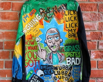 Hand Painted Denim Shirt, Jean Shirt, Denim Jacket,Hand Painted Hoodie, Rick and Morty denim Shirt