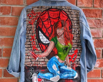 Handgeschilderd aangepast spijkerjack, jeansjack, kunstjack, spijkerjack, handgeschilderd spijkerjack, spidermanjack