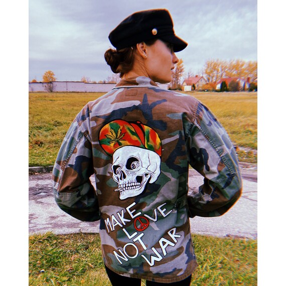 Hand Painted Military Jacket Art Jacket Vintage Jacket Military Jacket Make Love Not War Jacket Dyed Jacket Embroydary Military Jacket Etsy