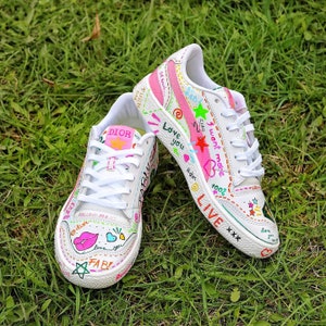 Custom Hand Painted Shoes, Painted Shoes, Personalised Neon Painted Sneakers, Hand Painted Sneakers, Shoes Art, Birthday shoes, Pink shoes