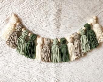 Forest Nursery Tassel Garland: Green & Cream Wooden Bead Decor