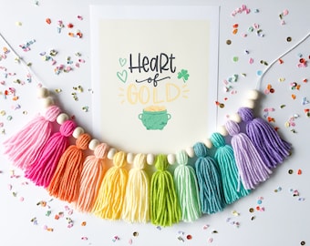 Handmade Rainbow Tassel Garland with Wooden Beads – Spring Summer Decor