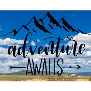 Adventure Awaits Vinyl Decal *High Quality Oracal 651 Vinyl  *Multiple Sizes & Colors Avail. Car RV Camper Camping Decal