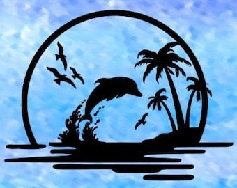Sunset Beach Ocean Dolphin Scene Vinyl Decal  *High Quality Oracal 651 Vinyl *Many Sizes/Colors Avail.  *For Any Smooth Surface