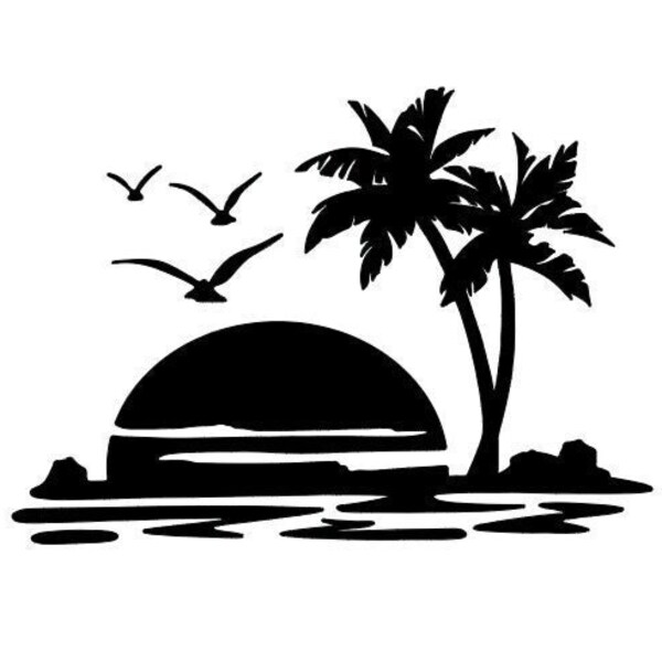 Sunset Beach Ocean Palm Trees Birds Vinyl Decal *High Quality Oracal 651 Vinyl *Many Sizes/Colors Avail. *Car/RV *For Any Smooth Surface