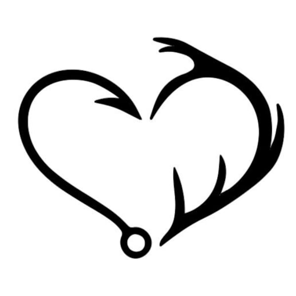 Fishing Hook Antler Heart Vinyl Decal  *High Quality Oracal 651 Vinyl Decal *Multiple Sizes & Colors Available Car RV Camper
