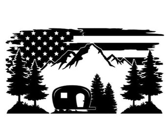 Camper RV American Flag Mountain Tree Lined Vinyl Decal  *High Quality Oracal 651 Vinyl *For Any Smooth Surface Copyright©THEDECALDECK