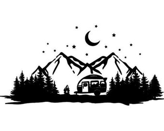 Camper Camping Site Mountain Scene Moon/Stars *Car Window Vinyl Decal *High Quality Oracal Vinyl *Many Sizes/Colors Avail.  *Car/ RV/ Camper