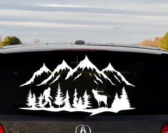 Bigfoot Elk Mountain Forest Tree-lined Vinyl Decal *High Quality Oracal 651 Vinyl  *Many Sizes/Colors Avail. * For Any Smooth Surface