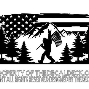 Bigfoot American Flag Mountain Tree-lined Vinyl Decal *High Quality Oracal 651 Vinyl *Copyright©THEDECALDECK *OUR ORIGINAL Design